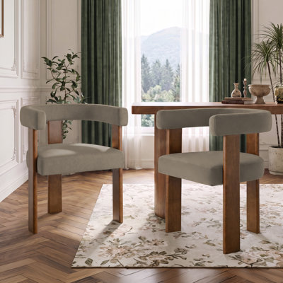 Mamanbai 17.7" Seat Height Modern 3-Leg Chenille Dining Chair with Walnut Frame & Wraparound Back (Set of 2)