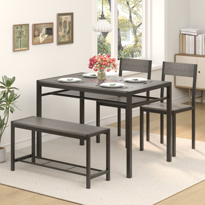 4 - Piece Four Leg Dining Set, Kitchen Table With Bench And 2 Chairs, Grey