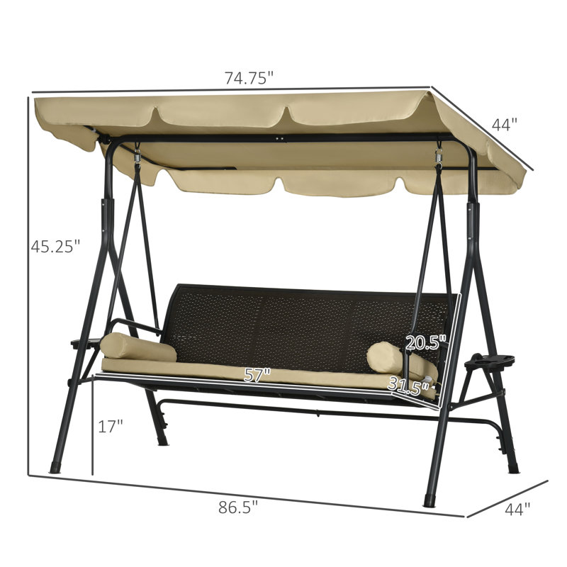3-Seat Porch Swing with Canopy Outdoor Swing Chair w/ Rattan Seat
