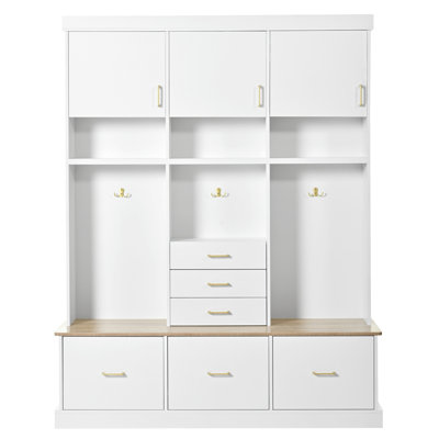 U-Can 75'' H Entryway Hall Tree With Bench And Storage, 5-In-1 Modern Hall Tree With Coat Rack, 6 Drawers, 3 Cabinets And 3-Tier Top Storage For Hallway, Entryway, Living Room, Mudroom