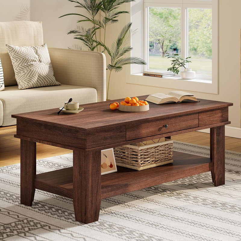 Coffee Table with Drawer and Storage Shelf, 47.2" Rectangular Center Table, Wood Grain Finish, Modern Living Room Furniture