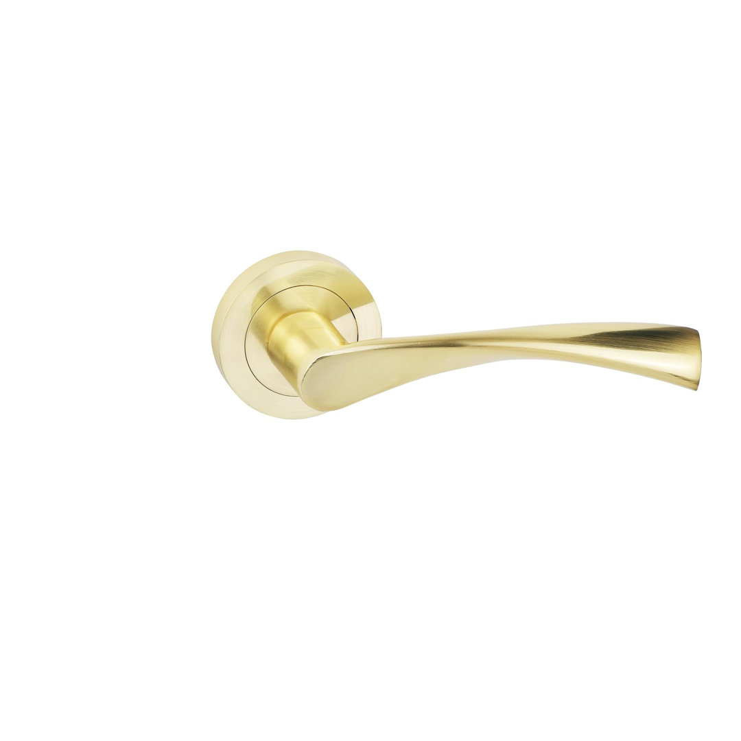 Astrid Design Door Handles in Satin Brass Door Handles with Escucheon and Mortise Lock in Satin Brass