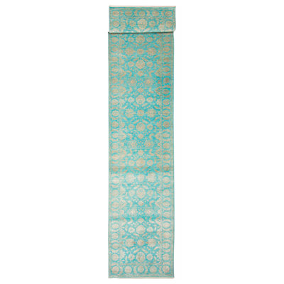 Tapis turquoise noué à la main One Of Kind 2 pi 7 po x 14 pi 0 po