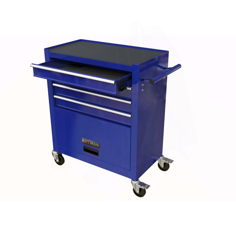 Boîte à outils pour enrouler 4 tiroirs, 24,4 po avec 4 roulettes et tiroirs avec outils, pour garage, entrepôt, atelier, magasin, bleu