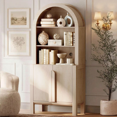 71" Tall Arched Bookshelf, Modern 5 Tier Bookcase With Cabinet, Wooden Display Cabinet With Doors And Adjustable Shelves, Versatile Bookshelf For Living Room, Study, Office