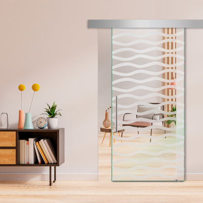 Porte de grange coulissante en verre sans cadre avec design moderne givré + ensemble de quincaillerie (non privé)