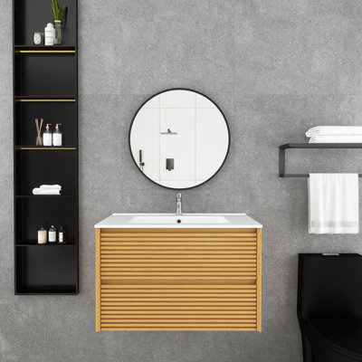 30 In. Wall-Mounted Plywood Bathroom Vanity In Light Oak With Drawers