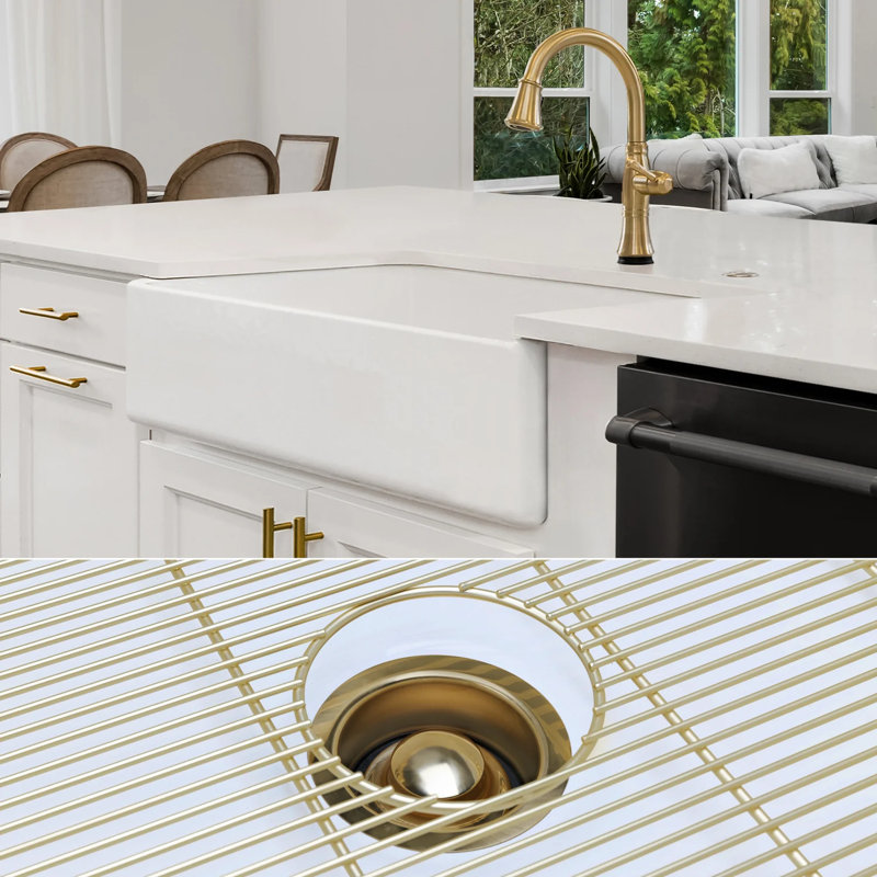 Évier de ferme de luxe en argile réfractaire de luxe 36 pouces, façade plate, Accessoires en laiton brossé