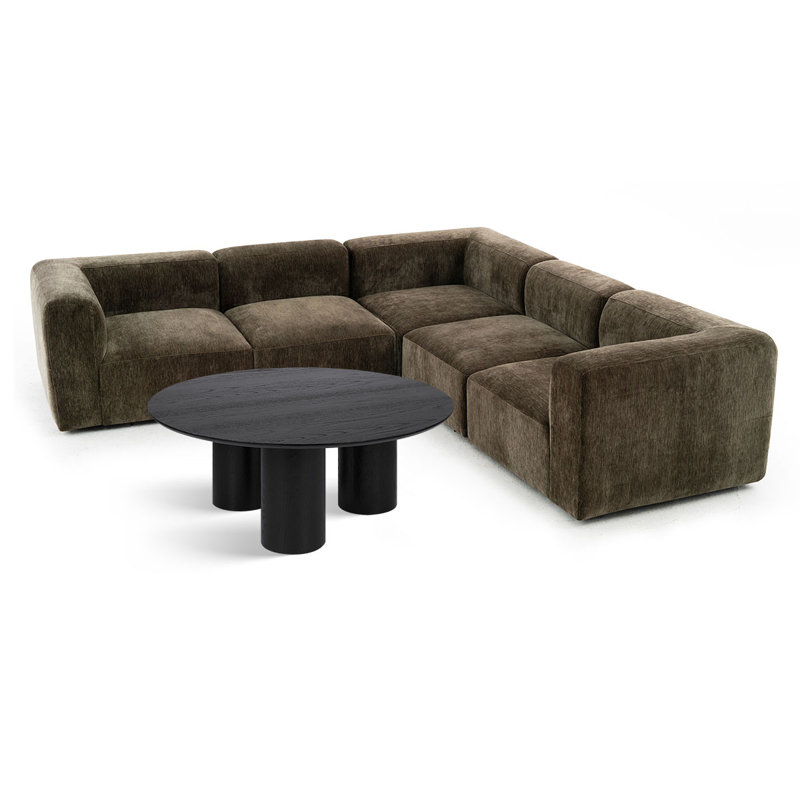 Ensemble de canapé modulaire en forme de L et table basse ronde Chenille, Chocolat 