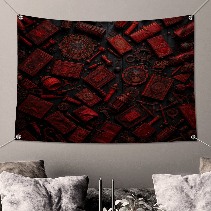 Tapisserie murale livres et engrenages antiques - décoration murale Steampunk, H 104 po x 88 avec 4 œillets