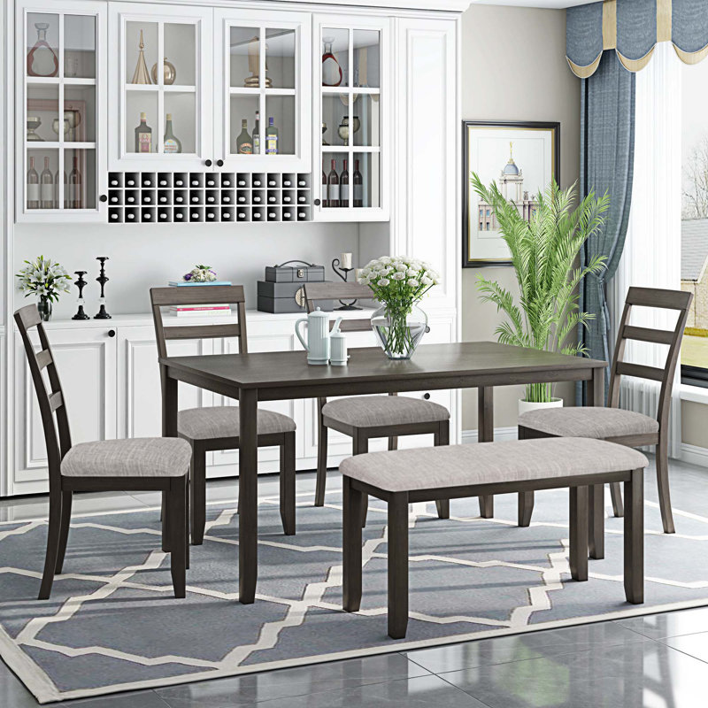 6 pièces table de salle à manger en bois simple et chaise avec banc, Brun, Gris, Gris