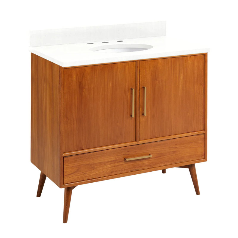 36" Novak Single Bathroom Vanity Set with Oval Undermount Sink, Feathered White Quartz, 8" Widespread, Natural Teak