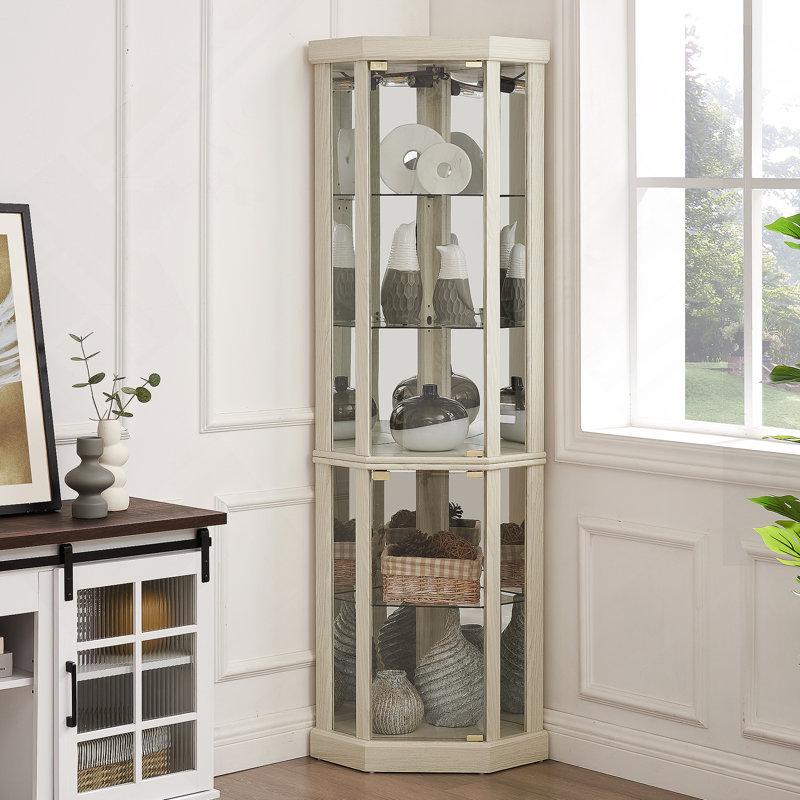 Armoire décorative avec lumière DEL et portes en verre, Blanc antique, 69.84" H x 16.46" W x 16.46" D
