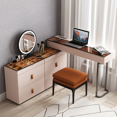 Glass countertop vanity set with built-in outlet, stool included, extra storage space, very easy to assemble