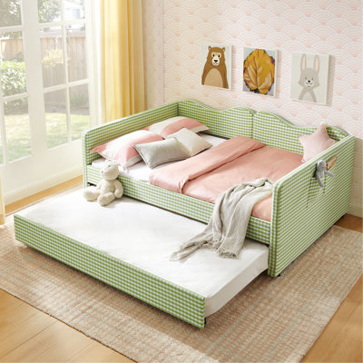 Full‑Size Daybed,Gingham Upholstered Daybed Equipped with Pull-Out Trundle Bed Frame & Side Storage Pocket, Solid Wood Frame Multi-Functional Sofa Bed for Kids Room & Guest Bedroom