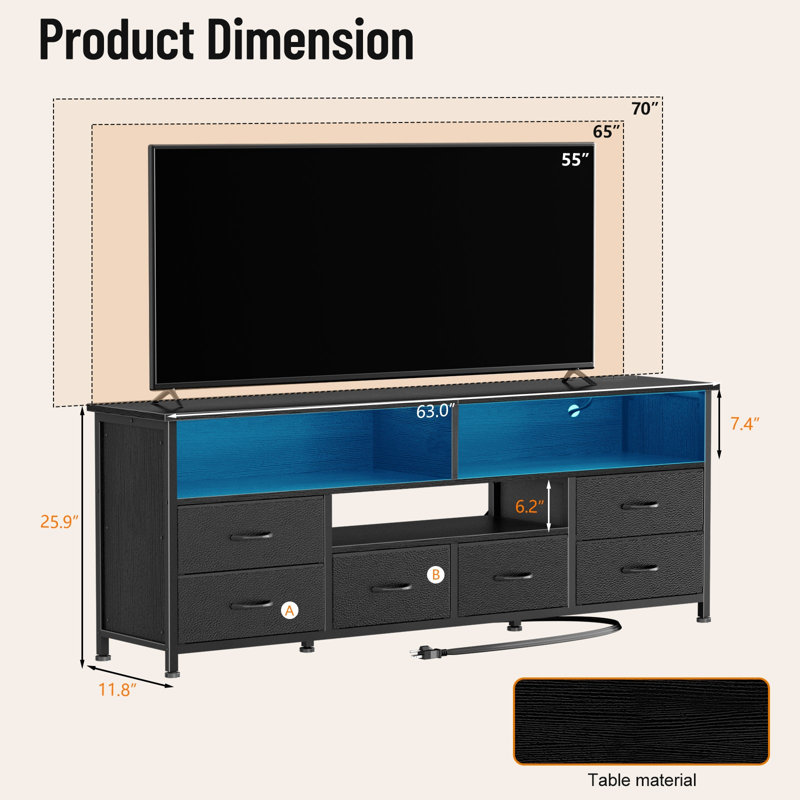 TV Stand Dresser Media Console with LED Lights & Charging Station, 6 Fabric Drawers Entertainment Center for TVs, Black, 63"