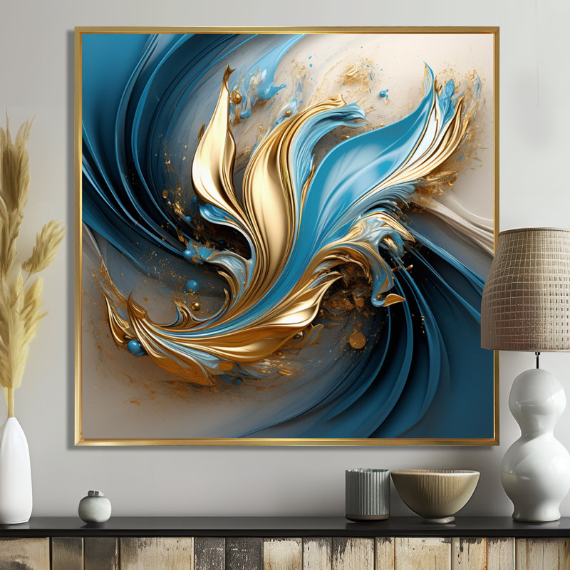 «Blossoming Tide Turquoise Bliss - Waves», reproduction d'art murale, Toile avec cadre flottant or