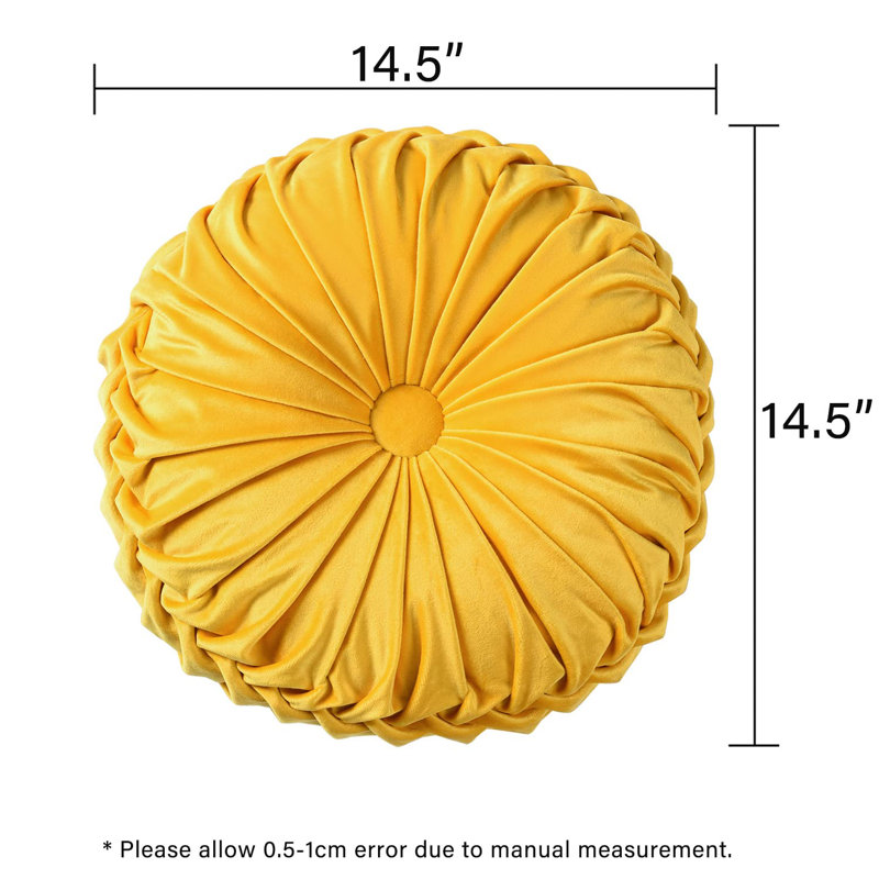 Set of 2 Yellow Velvet Round Pleated Throw Pillows