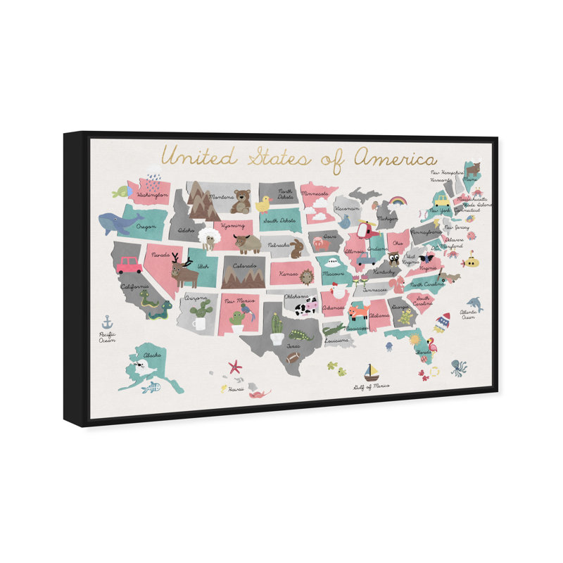 Cartes et drapeaux Aeliana «Fun Pastel Map American Country», reproduction d'art sur toile, H 10 po x l 15 po x 1,5 po