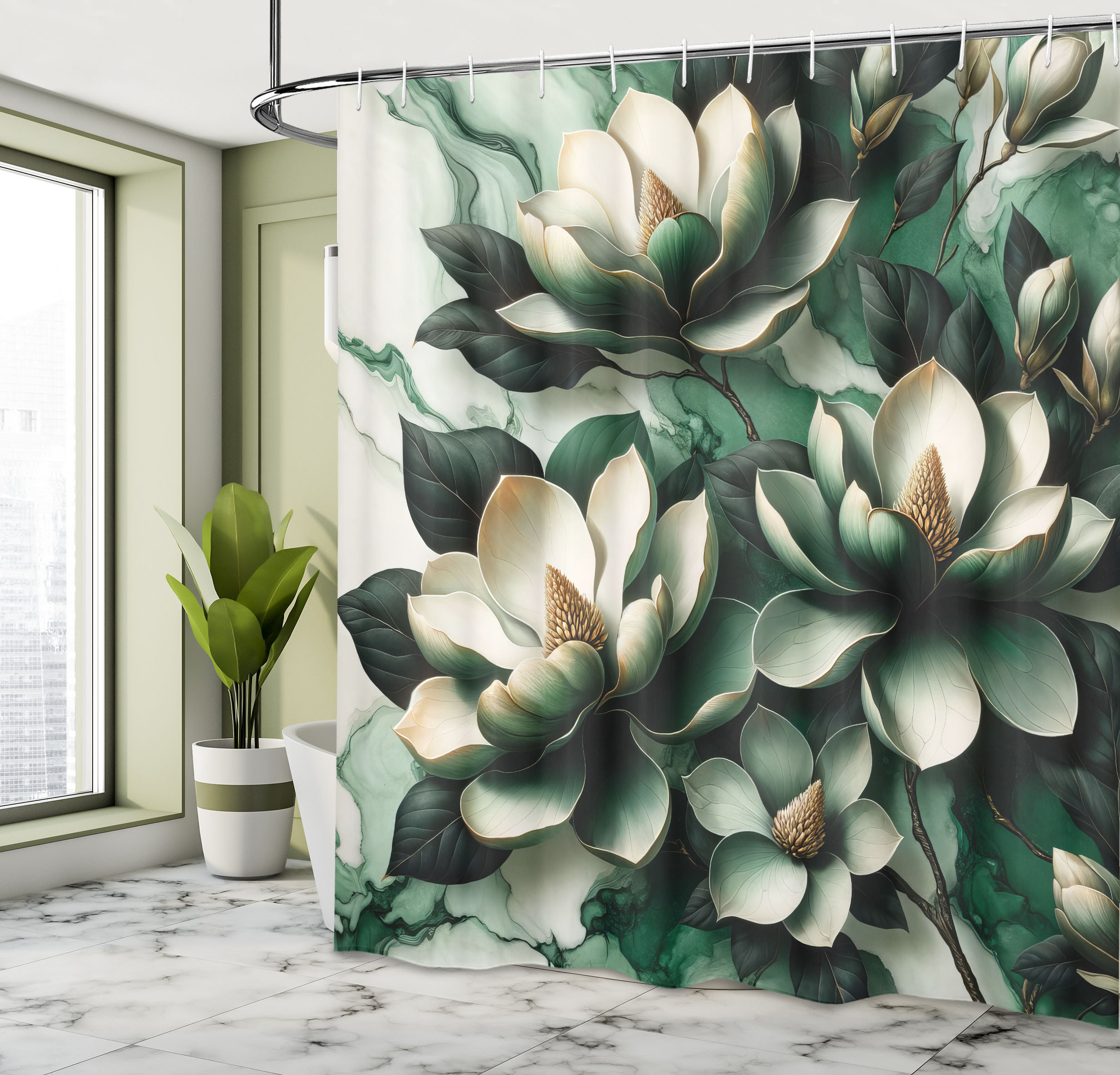 East Urban Home Dark Green Shower Curtain Magnolia Blooming Garden in