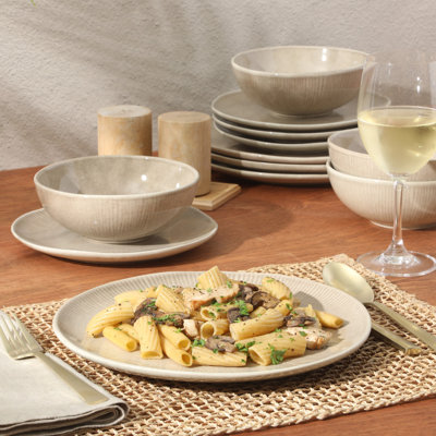 Ensemble d'assiettes et de bols en grès Giby Elite Sandy Pines - Ensemble de vaisselle pour glacis réactif 12 pièces - Service pour 4 personnes - Va au lave-vaisselle et au micro-ondes - Taupe crème