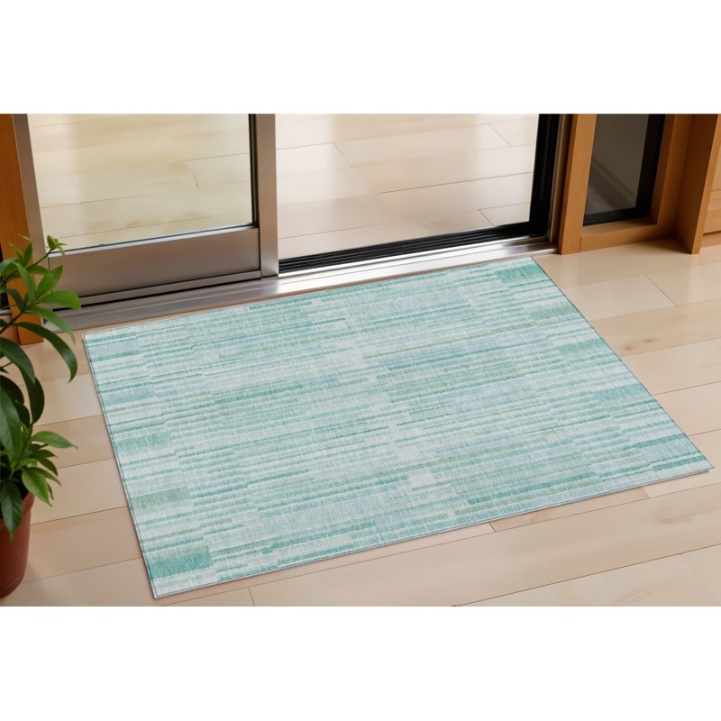 3' X 5' Turquoise And Pale Aqua Striped Washable Indoor Outdoor Area Rug