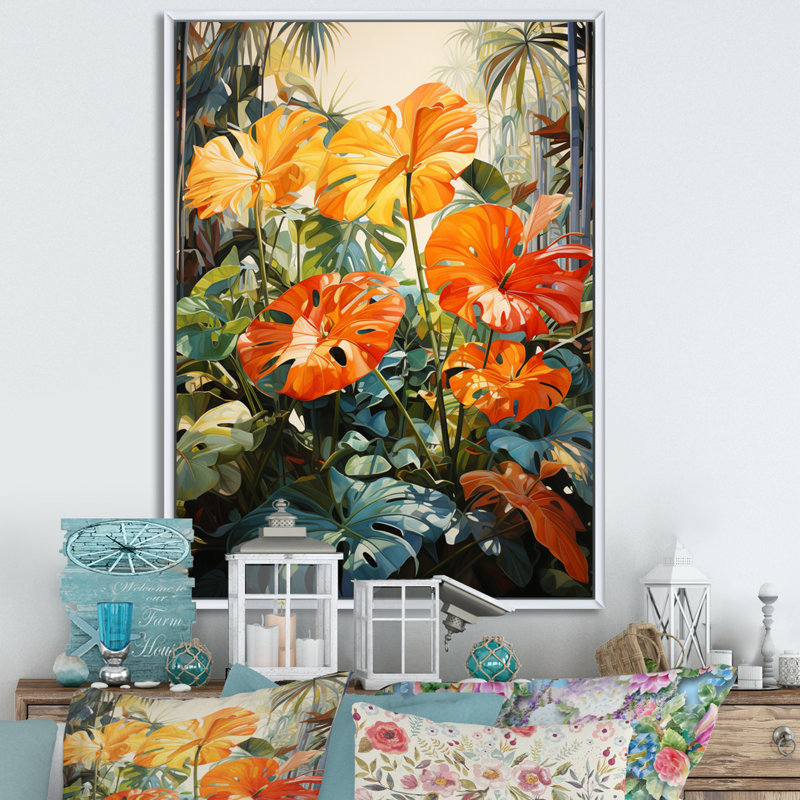 Feuillage tropical orange et vert IV, Cadre flottant blanc, H 32 po x l 16 po x P 1 po