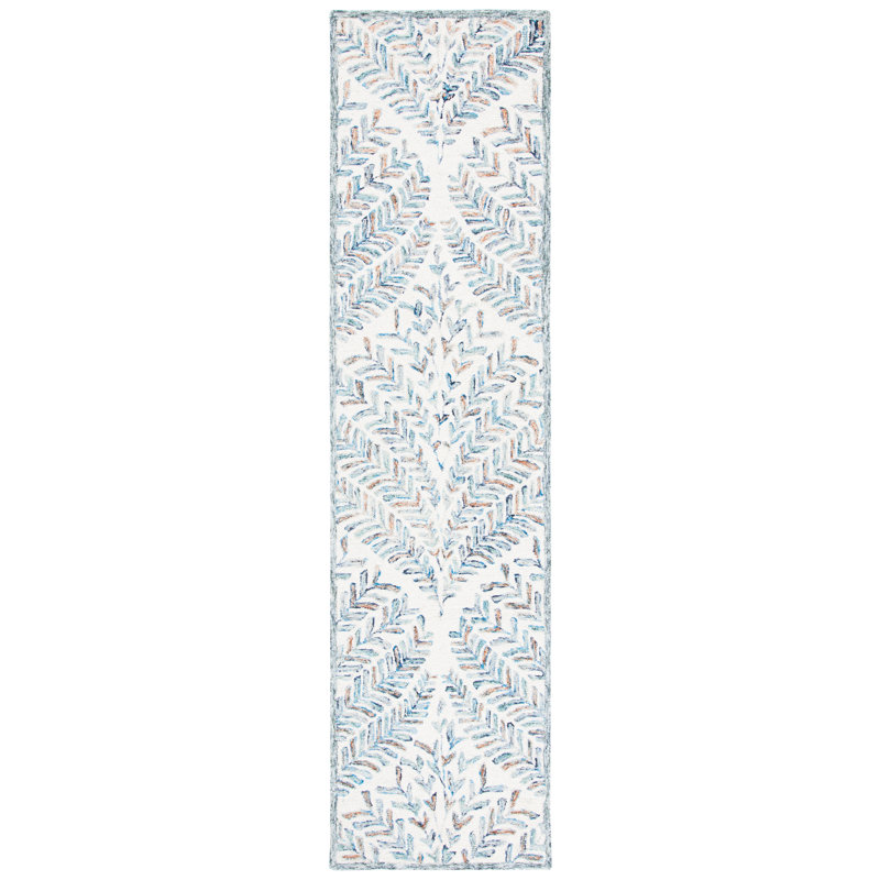 Ikat Handmade Tufted Wool Ivory/Blue Area Rug, Runner 2'3" x 9'