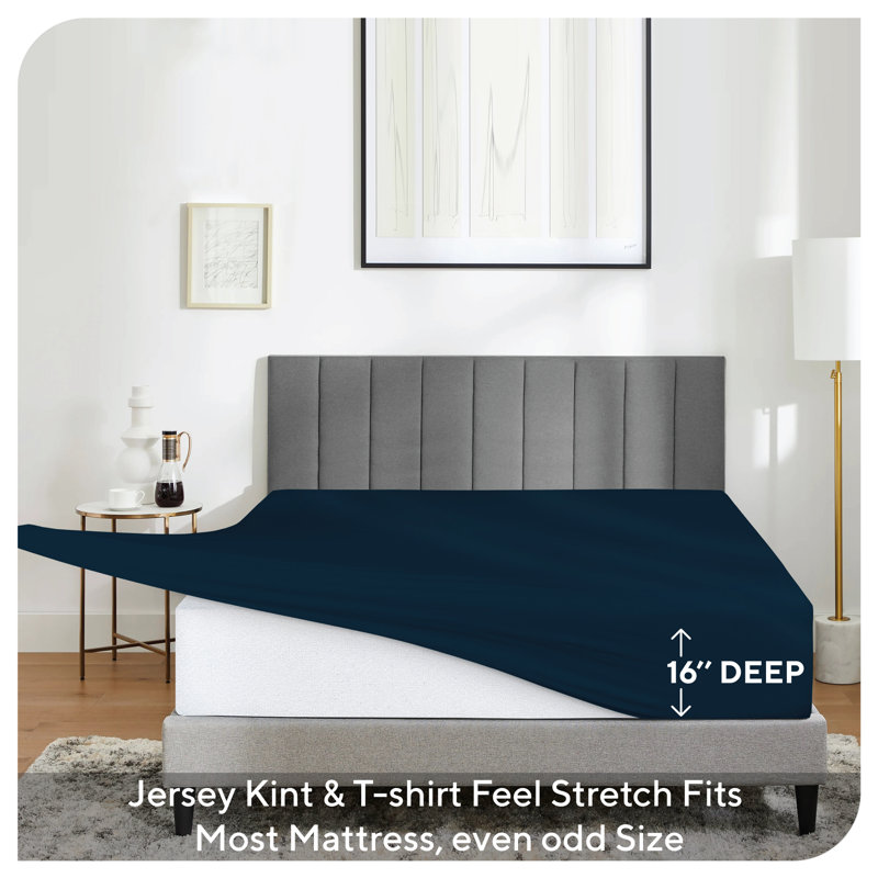 Jersey Knit King Size Sheets 4pc|100% T-Shirt Cotton Breathable Jersey Sheets Set| All Season , Navy, Navy