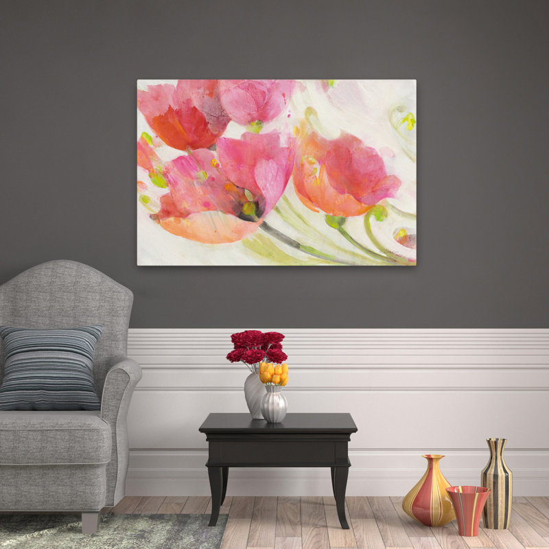 Coquelicots dans la brise contemporain floral corail vert, H 48 po x l 32 po