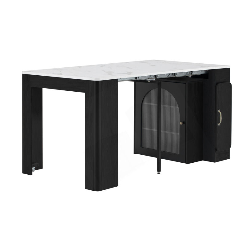 Table de salle à manger extensible avec 3 rallonges amovibles, table mobile pour îlot roulant avec prise de courant, armoire avec rangement