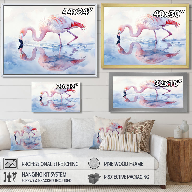 Flamingo Reflections - art mural flamant, Noir, H 28 po x l 60 po, Cadre flottant