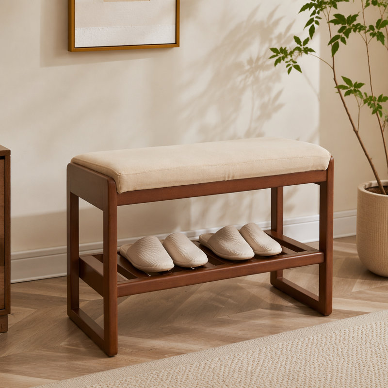Banc de rangement en bois massif (couleur noyer), étagère de rangement en bois de hêtre avec coussin éponge à rebond élevé