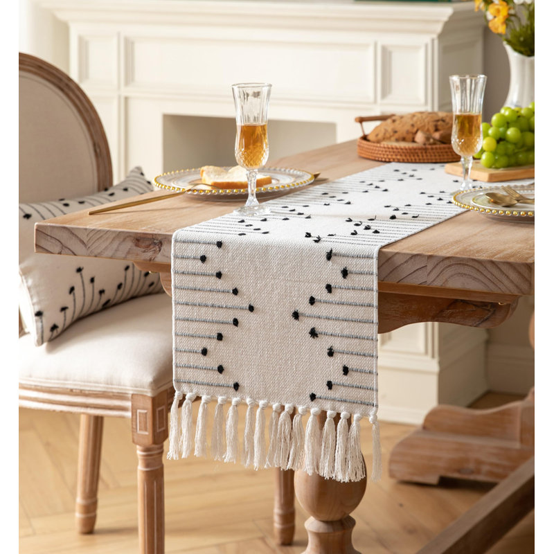 Natural Cotton Woven Table Runner with Tassels, 13 x 90 Inch