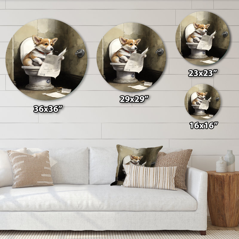 Silly Corgi, lecture de nouvelles sur la toilette - animaux, art en métal rond, H 16 po x l 16 po