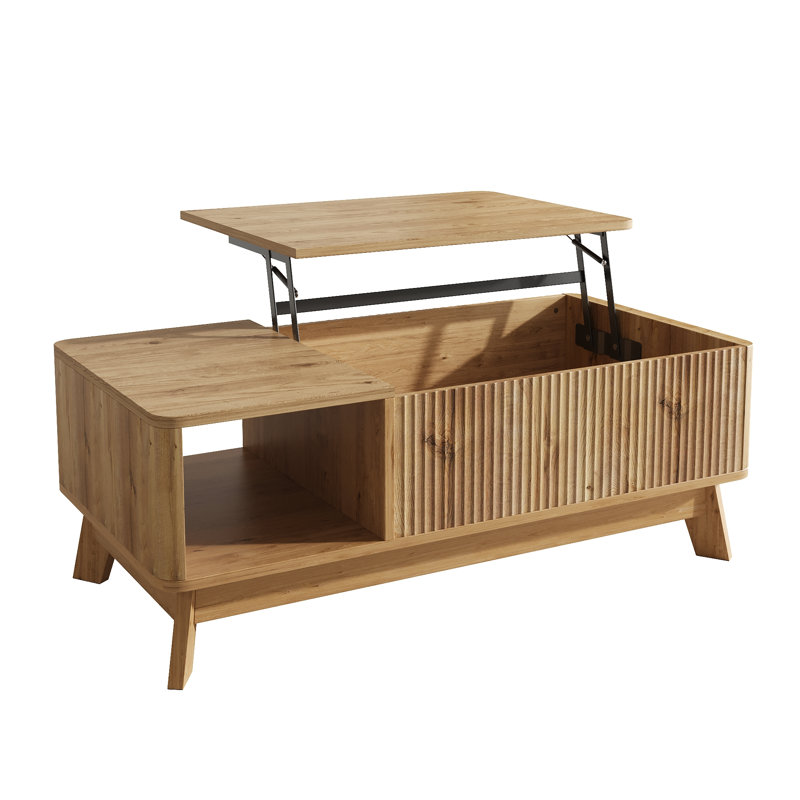 3D Wave Lift-Top Coffee Table with Hidden Storage & Open Shelf, Height Adjustable MDF Centre Table, Oak
