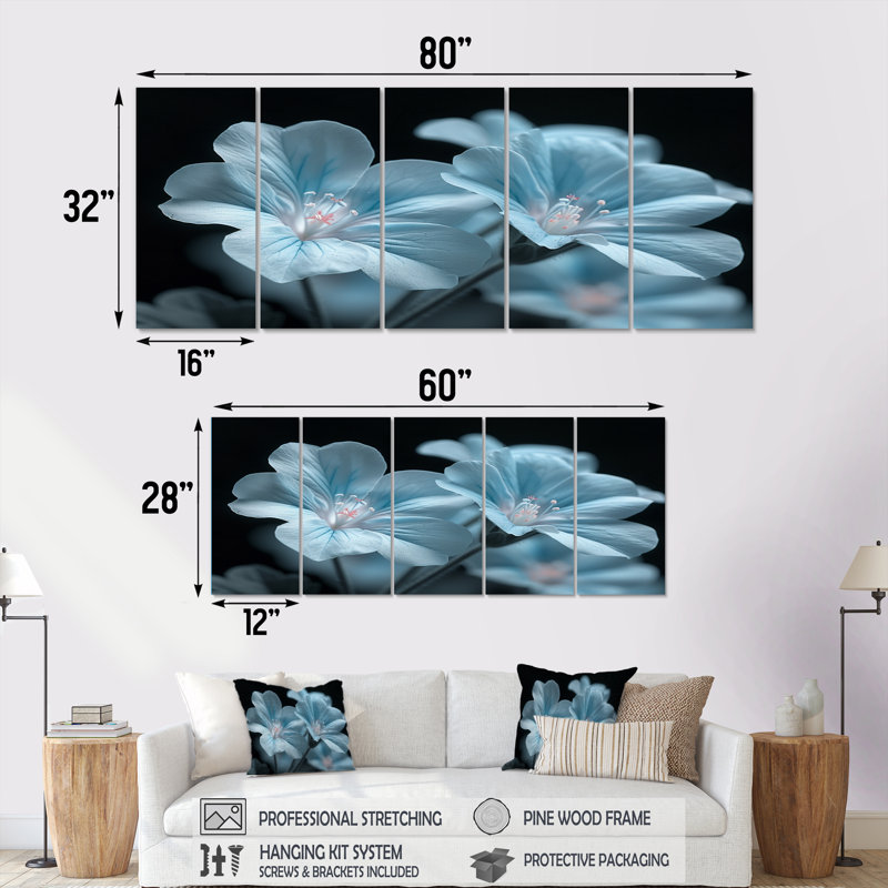 Romantiques photos de géraniums noirs et bleus - ensemble d'art mural sur toile géraniums, H 32 po x l 80 po