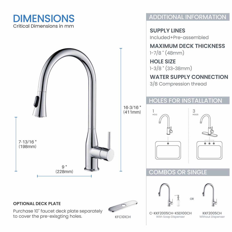 KIBI Napa Pull Down Kitchen Faucet, Chrome, Without Soap Dispenser