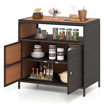 Latitude Run® Patio Storage Cabinet With Acacia Wood Countertop Open Shelf 2 Door Cabinet