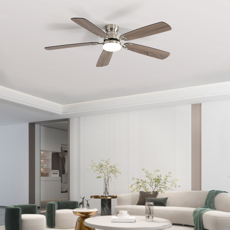 Ventilateur de plafond moderne à 5 pales avec lumière DEL et télécommande Derick, Nickel sablé, 52"