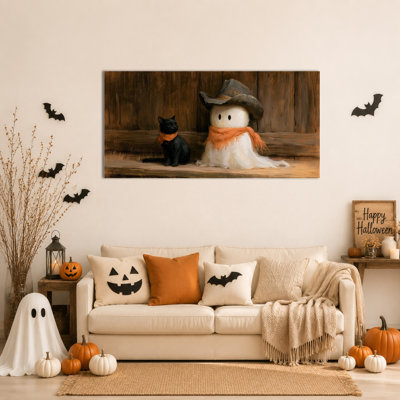Art mural grand fantôme - peinture rétro sur toile d'Halloween avec fantôme mignon et chat, reproduction d'art festif pour le salon, la salle de bain, la décoration murale de chambre à coucher, toile tendue avec cadre en pin, 28 po x 58 po