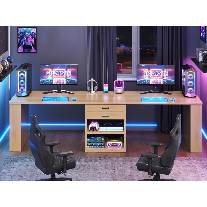 90.5" 2 Person Computer Desk, Long Office Desk With Storage Drawers, Oak/Oak