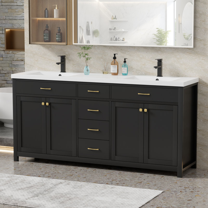 72" Spacious Double Sink Bathroom Vanity With Integrated Sink Top, Faucet,Drain, Assembly Required, Black