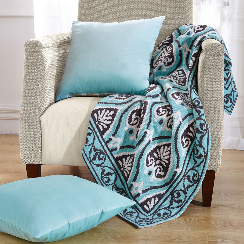 Neapoli Aqua and Black Knitted Throw Blanket with Pillow Covers