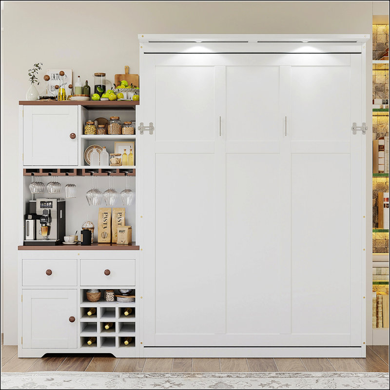Grand lit escamotable avec armoire de rangement, support à vin, porte-verre, tiroirs et bande DEL multicolore, blanc
