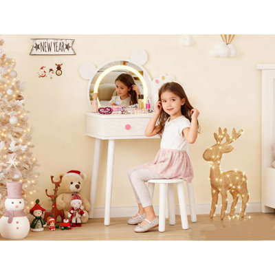  Ensemble coiffeuse en forme d'ours avec lumières, miroir et tabouret, coiffeuse en bois, blanc