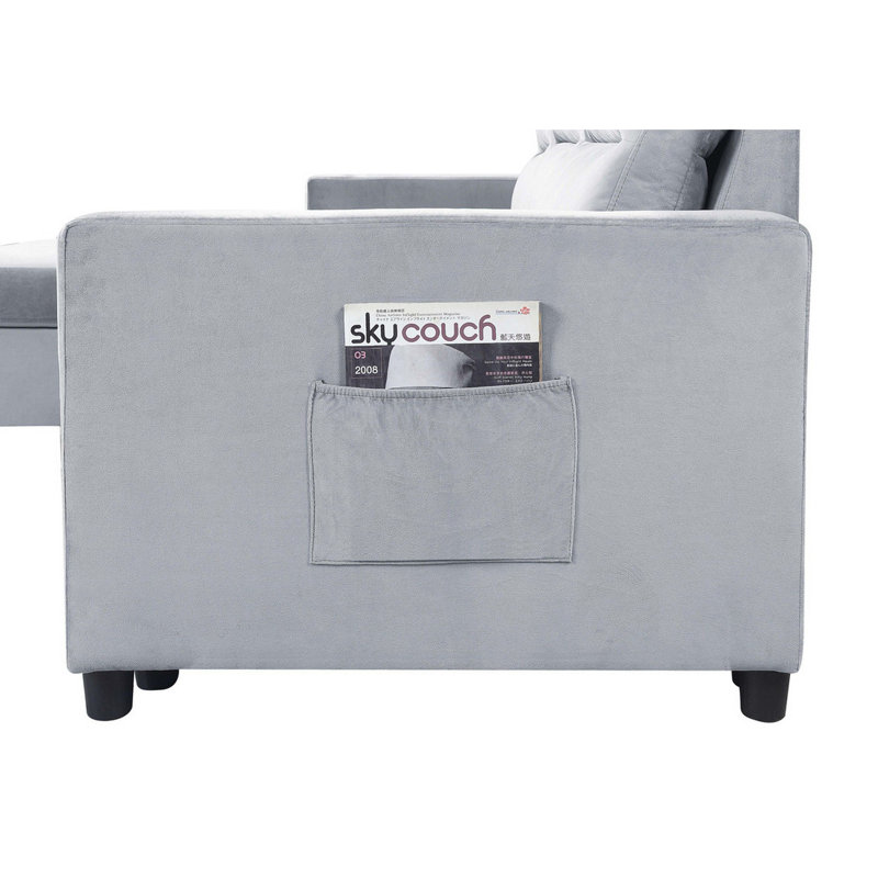 Phenex Seaside Style Reversible Sleeper Sectional Sofa, Gray Velvet