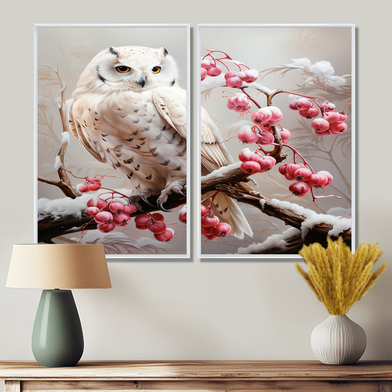 Décoration hibou enneigé perchoir II - Hibou, H 36 po x l 48 po, Reproduction encadrée sans passe-partout, Blanc