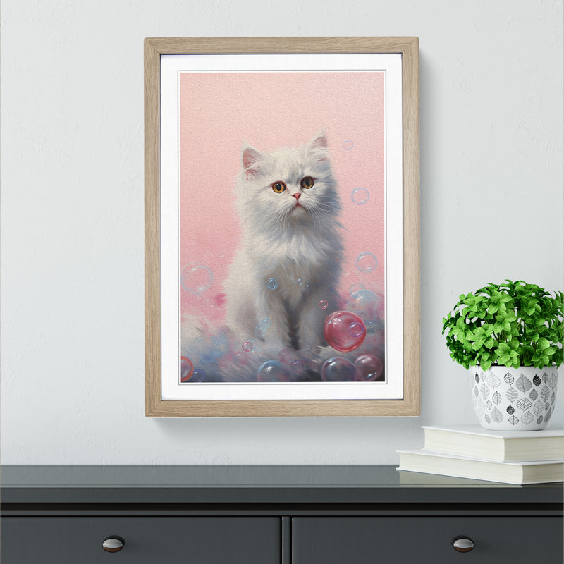 Persian Cat Bubble Gum Painting - Single Picture Frame Print on Wood, 46cm H x 34cm W x 2cm D, Oak Framed