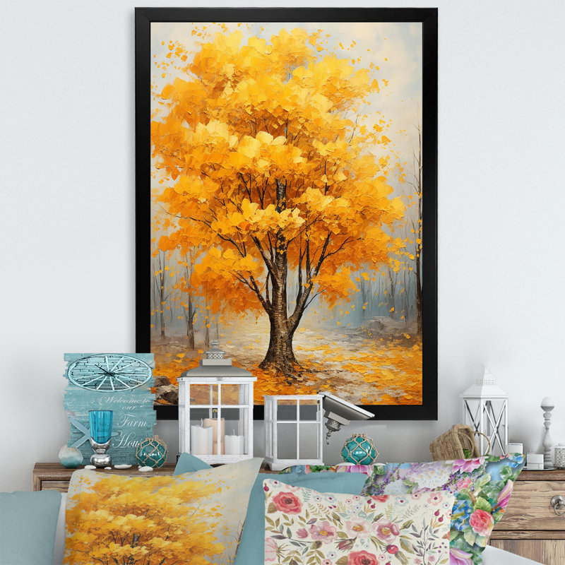 «Yellow American Basswood Forest I» - art mural arbre, Cadre simple noir, H 20 po x l 12 po x P 1 po